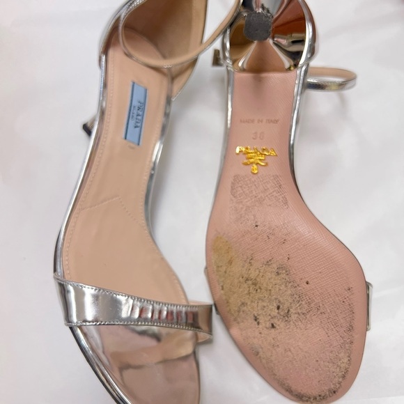 21. PRADA Silver Brushed Metallic Calf-skin Open Toe Heels 38 - Picture 4 of 15